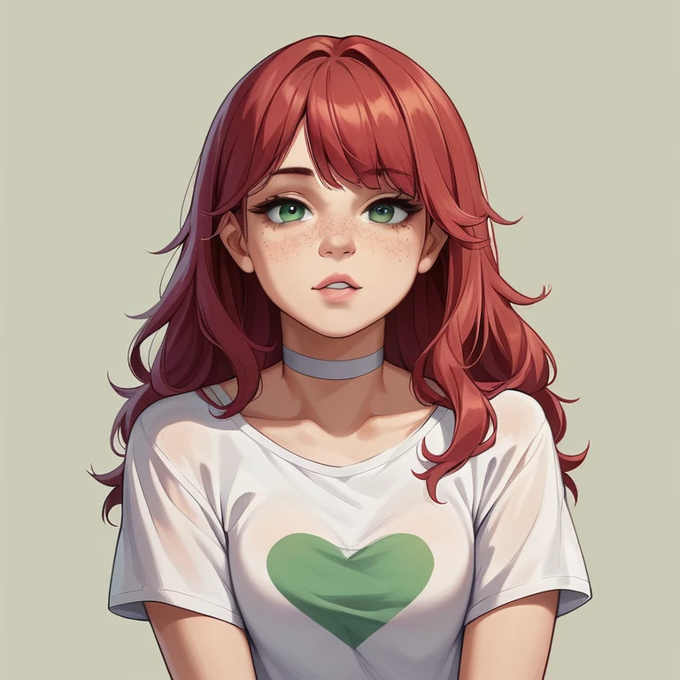score_9,score_8_up,score_7_up,score_6_up,score_5_up,score_4_up, 14歳, straight chest 1 girl, 14 years old, teenager, pretty girl, red hair, loose hair on her shoulders, hair with bangs, pretty nose. seductive lip, seductive innocent look, white choker, pink lips, freckles, green eyes, horny face, wearing a spaghetti strap t-shirt.