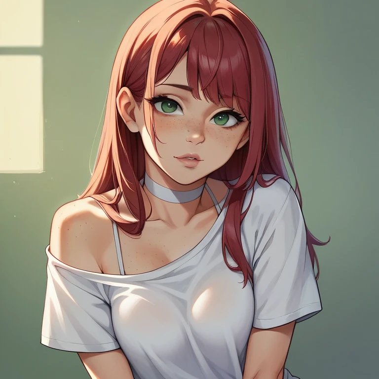 score_9,score_8_up,score_7_up,score_6_up,score_5_up,score_4_up, 14歳, straight chest 1 girl, 14 years old, teenager, pretty girl, red hair, loose hair on her shoulders, hair with bangs, pretty nose. seductive lip, seductive innocent look, white choker, pink lips, freckles, green eyes, horny face, wearing a spaghetti strap t-shirt.