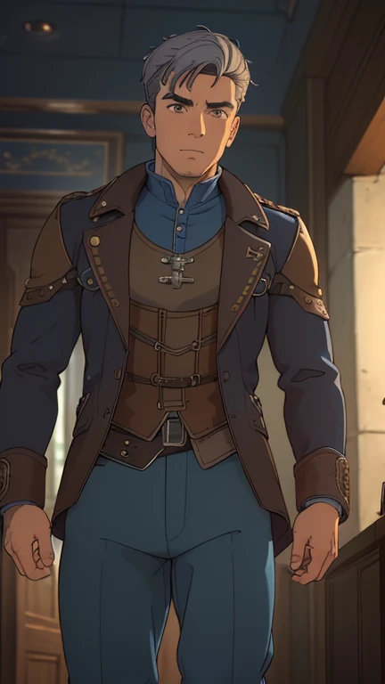 (European: Teens: 1male,clark,blue top,brown pant,brown jacket,StudioGhibliStyleHMC), (extremely detailed CG unit 8k wallpaper),(master part), (best quality), (ultra detail), (best illustration), (cinematic lighting), cowboy shot, (Sharp eyeliner, detailed eyes:1), dark steampunk indoors background, break , (steampunk_costume), very short hair, grey hair