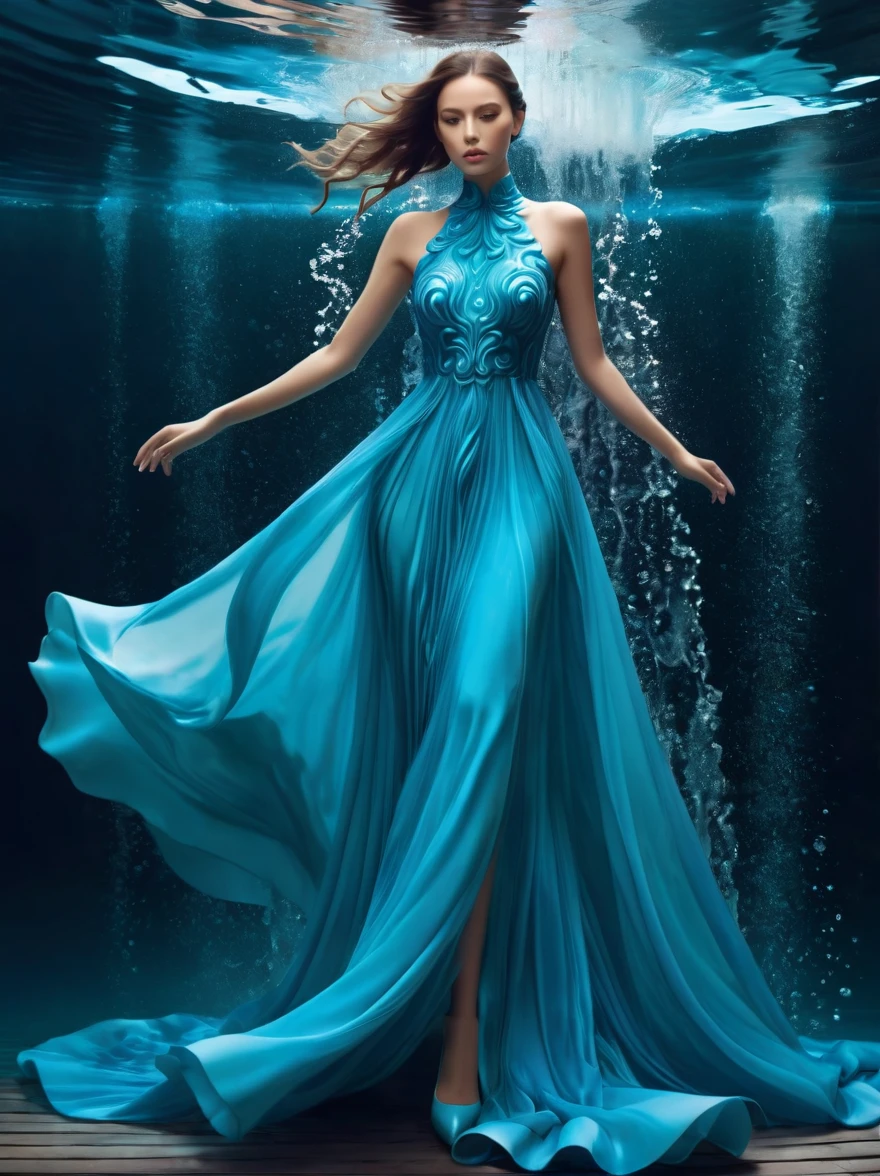 A girl，Wearing a gorgeous outfit made of water，Exquisite dress，Elegant water dress，Gorgeous and elegant，Luxurious clothing，Inspired by Hedi Xandt&#39;s design style，Her attire includes intricate clothing，ornate royal robes，Fine clothing and robes，and dresses with delicate and elegant details，She stepped on high heels，Dressed in royal style，Her hands have finely detailed finger drawings，(((The fire burned in her body，Also dancing on the skirt，The fire element gave her a winged form)))，(Covered with transparent fabric，It's a masterpiece, The highest quality artistic presentation:1.2)，(8K resolution high-definition RAW photos，a realistic style，Photorealistic:1.3)，(Skin texture is extremely detailed, The fabric texture is exquisite, Realistic flame effects, Beautiful and delicate face:1.25)，Professional lighting arrangement，Photon Mapping Technology，Soft and beautiful light processing，Radiometric calculation method，High-end shooting techniques such as physically based realistic rendering and ray tracing technology are used in it，Model-like shooting style，(Extremely fine CG unified 8K wallpaper)，Full-length photo shows one of the most beautiful works of art in the world