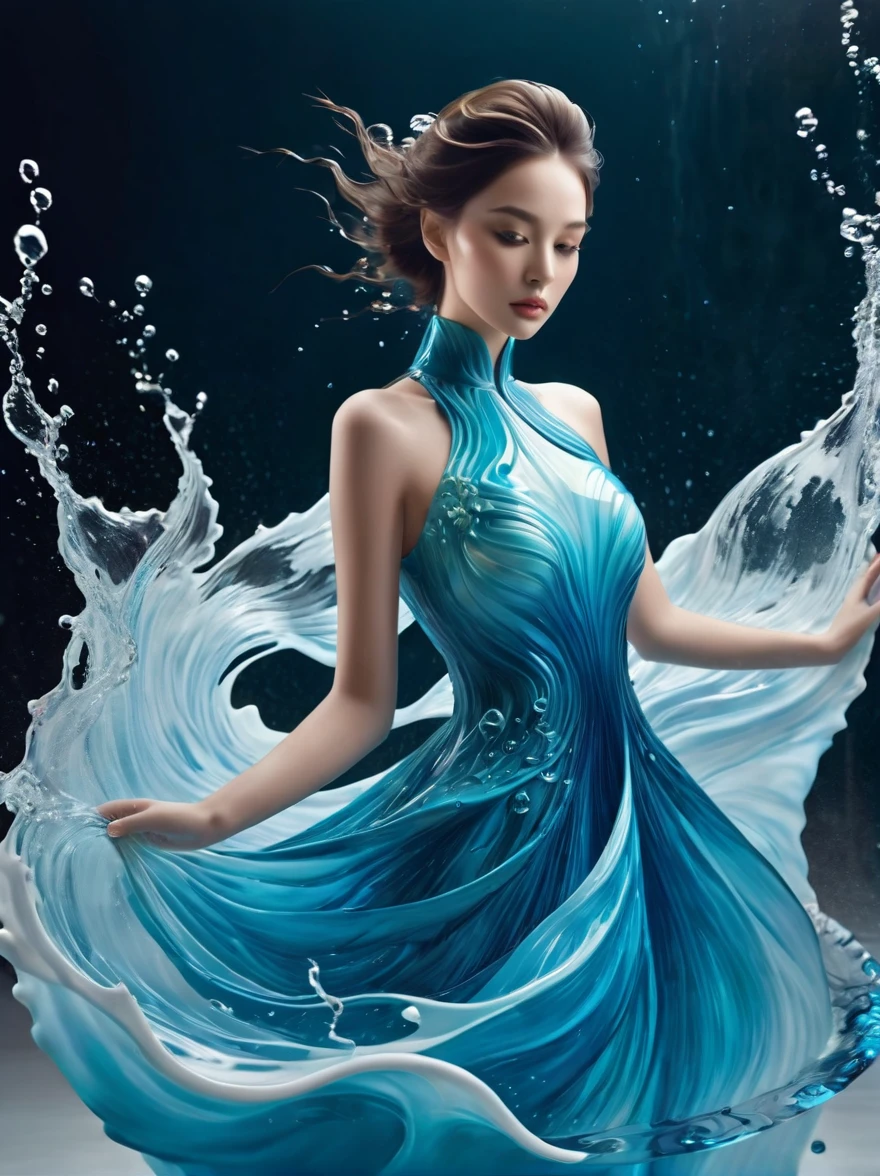 A girl，Wearing a gorgeous outfit made of water，Exquisite dress，Elegant water dress，Gorgeous and elegant，Luxurious clothing，Inspired by Hedi Xandt&#39;s design style，Her attire includes intricate clothing，ornate royal robes，Fine clothing and robes，and dresses with delicate and elegant details，She stepped on high heels，Dressed in royal style，Her hands have finely detailed finger drawings，(((The fire burned in her body，Also dancing on the skirt，The fire element gave her a winged form)))，(Covered with transparent fabric，It's a masterpiece, The highest quality artistic presentation:1.2)，(8K resolution high-definition RAW photos，a realistic style，Photorealistic:1.3)，(Skin texture is extremely detailed, The fabric texture is exquisite, Realistic flame effects, Beautiful and delicate face:1.25)，Professional lighting arrangement，Photon Mapping Technology，Soft and beautiful light processing，Radiometric calculation method，High-end shooting techniques such as physically based realistic rendering and ray tracing technology are used in it，Model-like shooting style，(Extremely fine CG unified 8K wallpaper)，Full-length photo shows one of the most beautiful works of art in the world