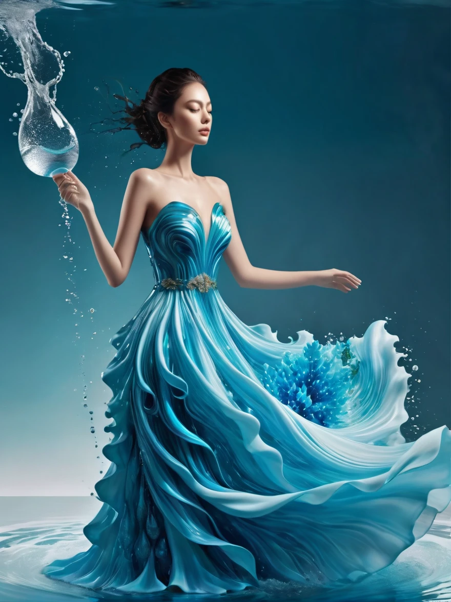 A girl，Wearing a gorgeous outfit made of water，Exquisite dress，Elegant water dress，Gorgeous and elegant，Luxurious clothing，Inspired by Hedi Xandt&#39;s design style，Her attire includes intricate clothing，ornate royal robes，Fine clothing and robes，and dresses with delicate and elegant details，She stepped on high heels，Dressed in royal style，Her hands have finely detailed finger drawings，(((The fire burned in her body，Also dancing on the skirt，The fire element gave her a winged form)))，(Covered with transparent fabric，It's a masterpiece, The highest quality artistic presentation:1.2)，(8K resolution high-definition RAW photos，a realistic style，Photorealistic:1.3)，(Skin texture is extremely detailed, The fabric texture is exquisite, Realistic flame effects, Beautiful and delicate face:1.25)，Professional lighting arrangement，Photon Mapping Technology，Soft and beautiful light processing，Radiometric calculation method，High-end shooting techniques such as physically based realistic rendering and ray tracing technology are used in it，Model-like shooting style，(Extremely fine CG unified 8K wallpaper)，Full-length photo shows one of the most beautiful works of art in the world