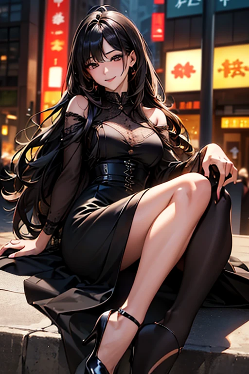 ((Highest quality)),(超High resolution),(Very detailed),(Detailed Description),((The best CG)),(masterpiece),Ultra-detailed art、(Highest quality、8k、32K、masterpiece)、(Realistic)、(Realistic:1.2)、(High resolution)、Very detailed、Very beautiful face and eyes、1 female、((:1.3))、Tight waist、Delicate body、(Highest quality、Attention to detail、Rich skin detail)、(Highest quality、8k、Oil paints:1.2)、Very detailed、(Realistic、Realistic:1.37)、Bright colors、A beautiful woman in her mid-twenties working in Ginza at night。((Long black hair、Elegant upstyle:1.6))。The makeup is natural、Enhances natural beauty。((She was wearing a chic tail dress.、The dress is knee-length、Has a silk-like luster、Fitdesign。On her feet she wears high heeled black pumps.))。The neon lights of Ginza shine in the background.、It creates the atmosphere of a night town.。The style is realistic、Has a photo-like texture。She has a confident look、Smiling at the camera。
