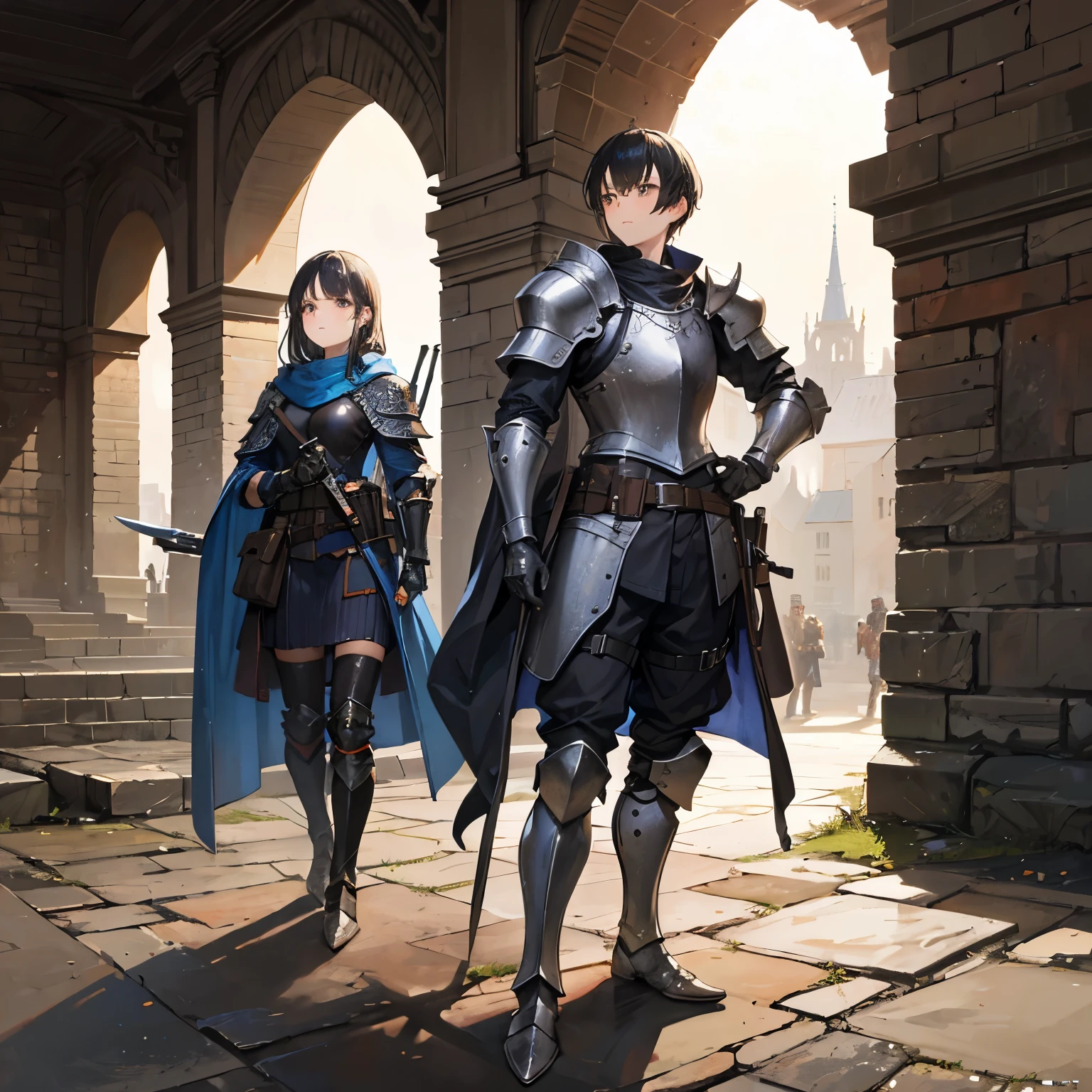 Tactical knight, light armor, tactical equipment, tactical straps, leather equipment, tactical accessories, knight accessories, 1girl, medieval background, tactical armored boots, knife sheath equipment, light protection, inside the castle