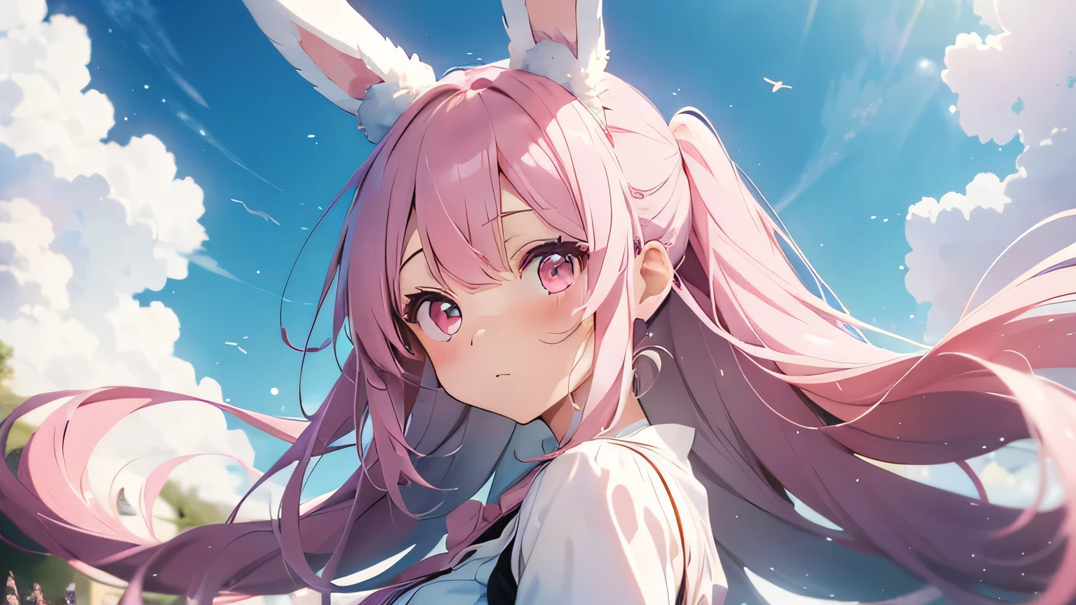Highest quality, pretty girl, pastel colour, Fluffy bunny ears, Pink long hair,Pale pink eyes,Melody of Energy,Electronics