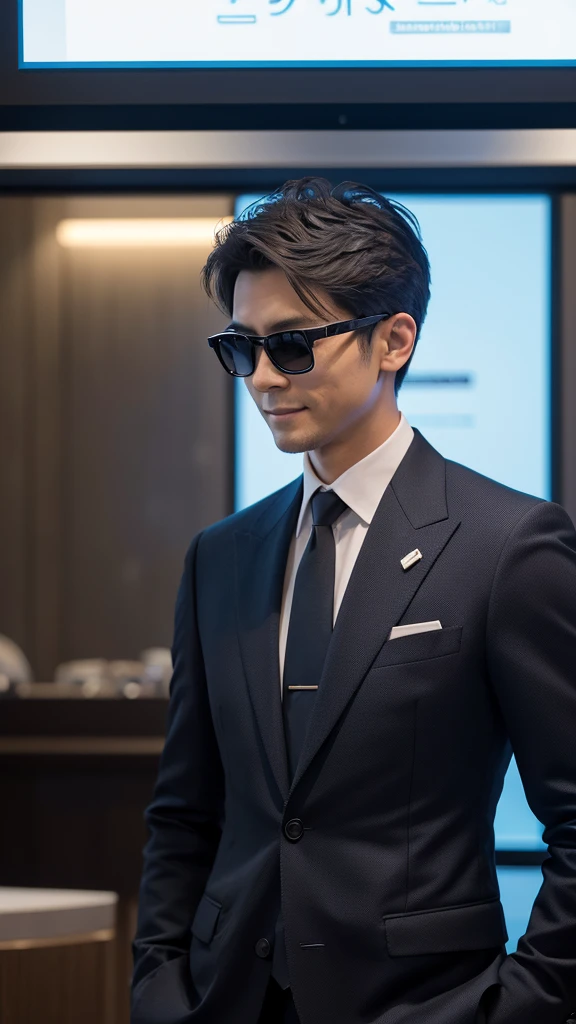 masterpiece, Official Art, 8k, Highest quality, 非常To詳細な, mysterious, dark, Sophisticated, Deluxe, Auction House:1.2, male, suit, sunglasses, earphone, security guard, high-tech equipmalet, Advanced Surveillance Technology, Valuable items on display々, Man in front, Confident々To、He observes the scene with a cunning smile..