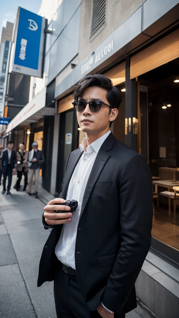 masterpiece, Official Art, 8k, Highest quality, 非常To詳細な, mysterious, dark, Sophisticated, Deluxe, Auction House:1.2, male, suit, sunglasses, earphone, security guard, high-tech equipmalet, Advanced Surveillance Technology, Valuable items on display々, Man in front, Confident々To、He observes the scene with a cunning smile..