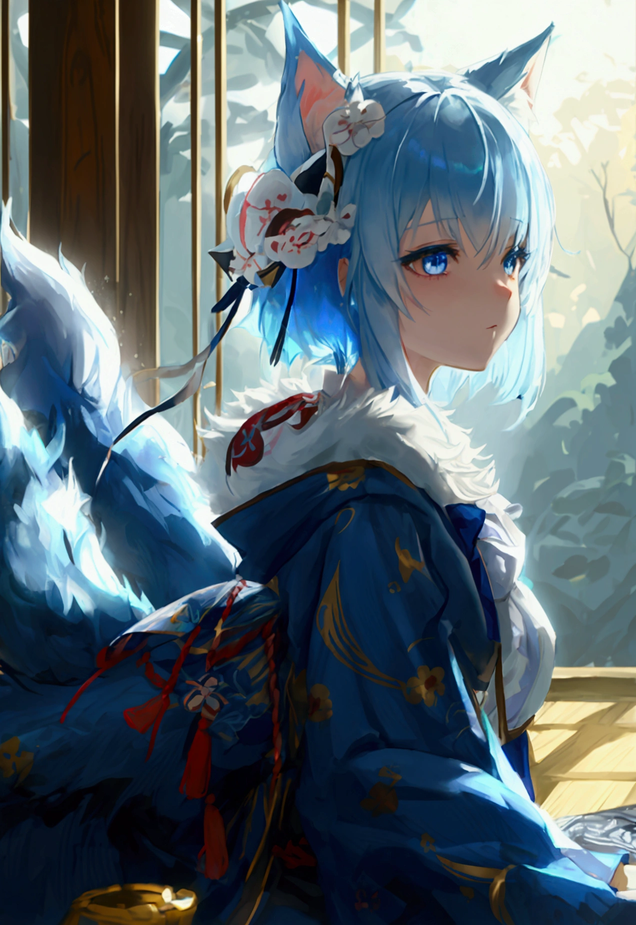 fox Light blue hair 　beast girl　indigo fur　fox beast girl　fox Light blue hair 　beast girl　indigo fur　fox beast girl　Wallpaper 4k,8k,highly detailled,,vivid colors,detailed kitsune with 9 tails,traditional Japanese artwork,tatami floor,beautiful cherry blossoms,floating lanterns,dark silhouette of a pagoda,subtle moonlight,dense forest,ethereal atmosphere,dappled sunlight,whimsical spirit,serene expression,elaborate kimono and obi,delicate hand-painted details,luminous eyes　Anime Style　fox　blue　White-faced golden-haired nine-tailed fox　Coat blue　woman　fox Light blue hair 　beast girl　indigo fur　fox beast girl　Anime Style　fox　blue　White-faced golden-haired nine-tailed fox　Coat blue　woman　I have a crepe　mysterious background　Blue Flame　girl　have a ball of light　fox Light blue hair 　beast girl　indigo fur　fox beast girl　mysterious background　Blue Flame　girl　have a ball of light Anime Style　fox　blue　White-faced golden-haired nine-tailed fox　Coat blue　She has a long blue ribbon in her hair.　She has a long blue ribbon in her hair.　mysterious background　Blue Flame She has a long blue ribbon in her hair.She has a long blue ribbon in her hair.　girl　have a ball of light　woman
