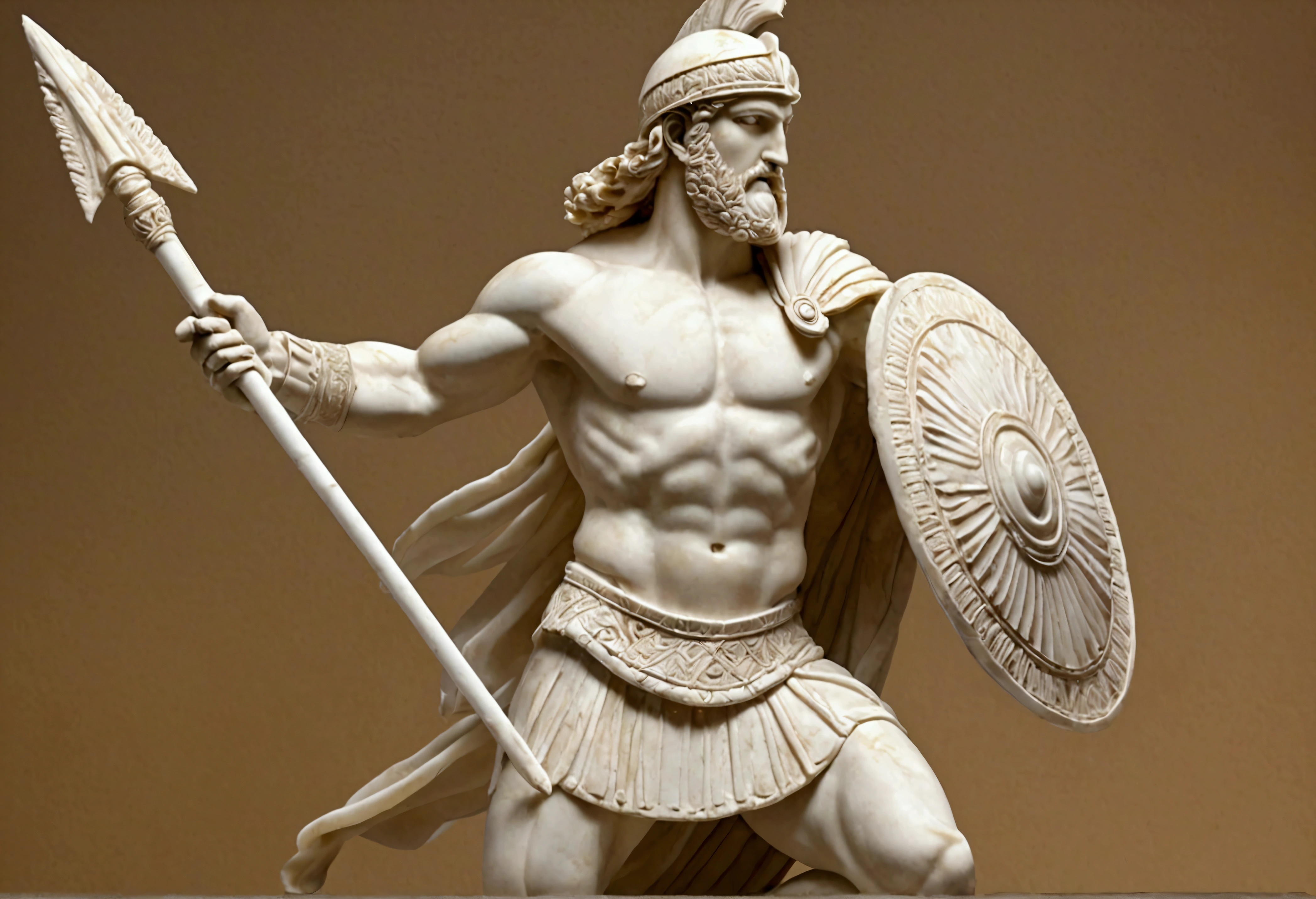 Grecian marble statue, nubile male hoplite warrior wielding his spear, action pose