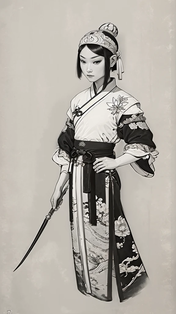 (((Monochrome)))、(((Ink Painting)))、((ancient China、Androgynous man with a hair bun and a white swimming cap))、Hands behind back、Line art、Oriental、Ultra-high resolution、Game Poster、Crisp and beautiful image quality、whole body ,(((ancient China鎧, Dragon head on shoulder, (ancient China鎧 with intricate pattern:1.2))), gloves, Long trousers, (Very detailed, bloom:1.5), (Highest quality, Concept Art, 4K), (analog:1.2), (high sharpness), (Detailed pupil:1.1), Detailed face and eyes, masterpiece, Highest quality,8k, (Black Hair, Dynamic Short Hair), (PurerosFace_v1:0.2), [:(Detailed face:1.2):0.2], sharp, Realistic Shadows, 