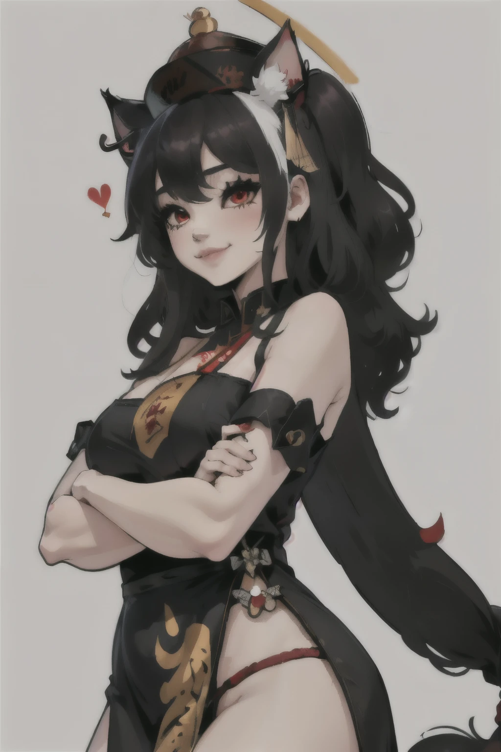 ((junkotvv, black hair, red eyes, extremely long hair, messy hair, neko ears)), masterpiece,1girl,solo,black hair,underboob, hat,light_smile,ofuda,china dress, crossed arms,