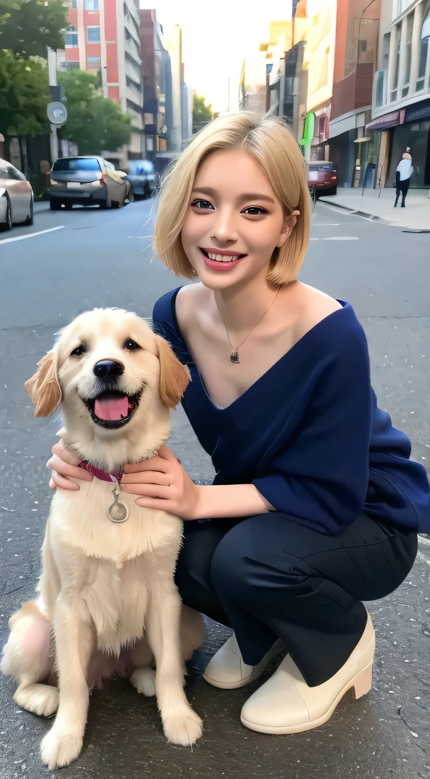 ((Highest quality、8k、masterpiece:1.3))、1 girl、Laughter、Whole Body Ezbian、Slim face、Beautiful woman、Short Bob、(blonde)、nude、Highly detailed face、Detailed eyes、double eyelid、Blurred Background、Slim face、city、Take-out、street、Stay with your dog:1.3、Pets、Staring at the dog