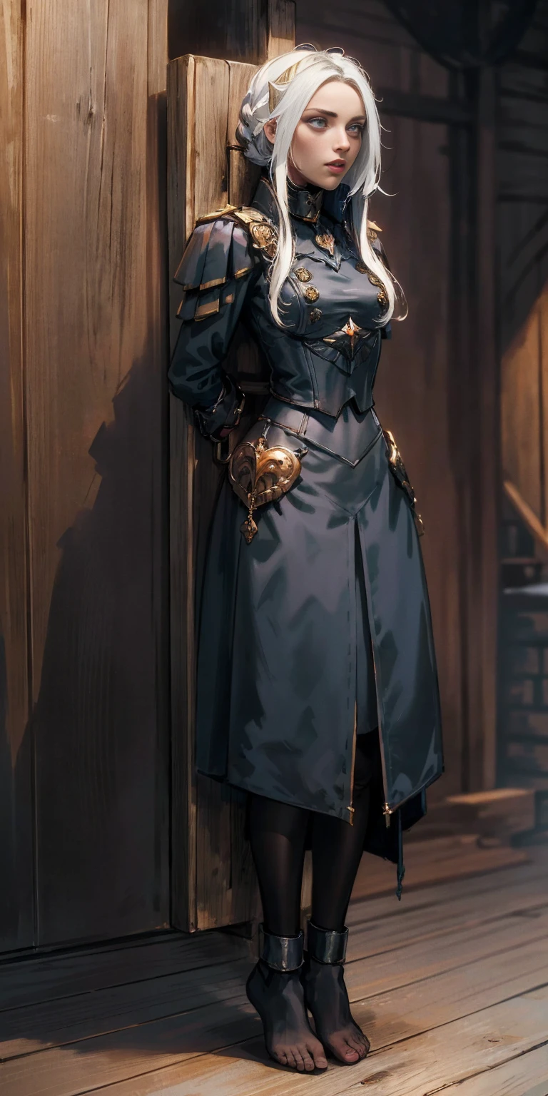 (masterpiece, best quality), intricate details, 1girl, Princess Edelgard von Hresvelg, (standing full body toe to head by wooden pole:1.2), iron collar, arms behind back, iron cuffs, shackles, bound, cleave gag