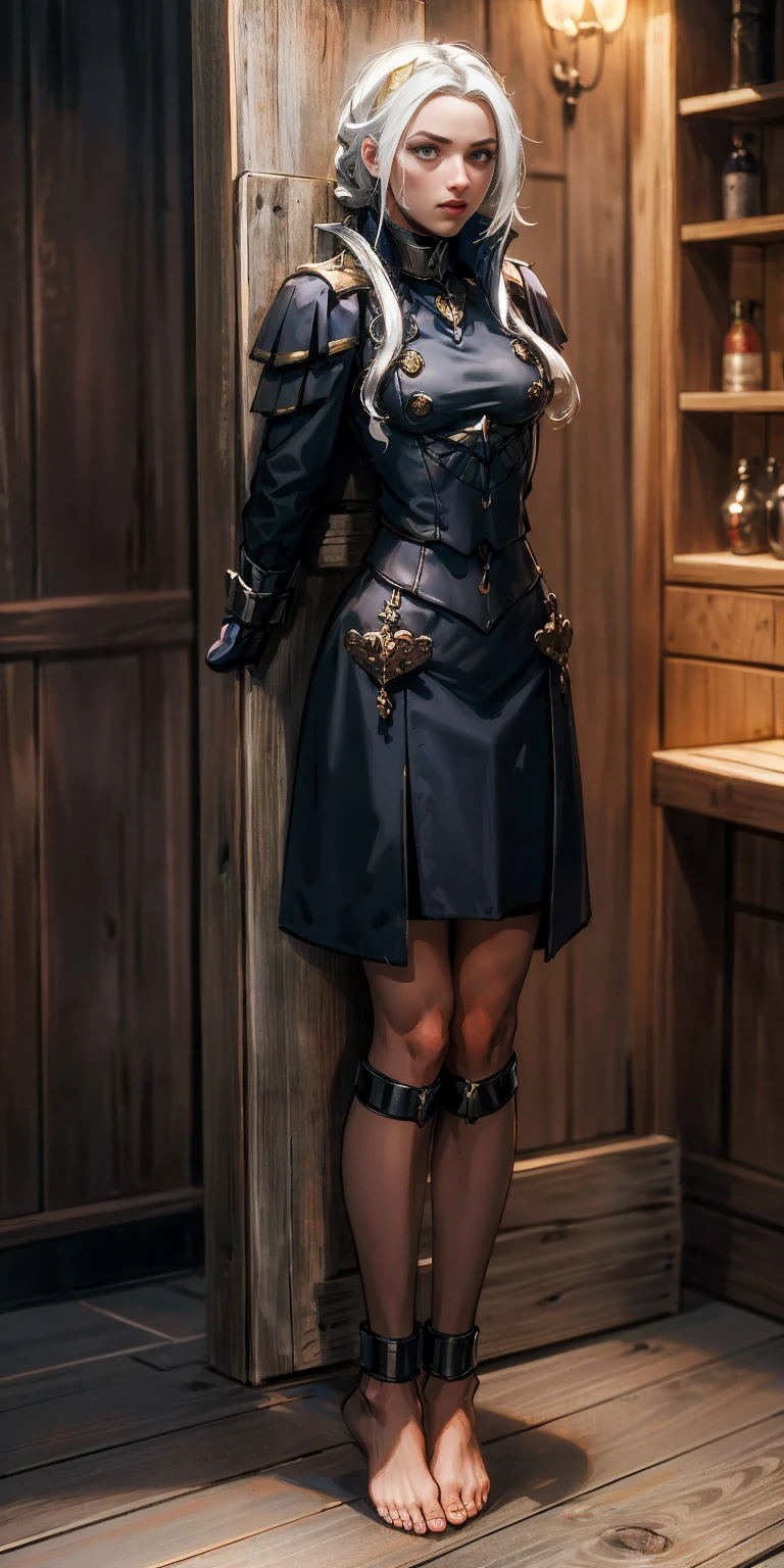 (masterpiece, best quality), intricate details, 1girl, Princess Edelgard von Hresvelg, (standing full body toe to head by wooden pole:1.2), iron collar, arms behind back, iron cuffs, shackles, bound, cleave gag