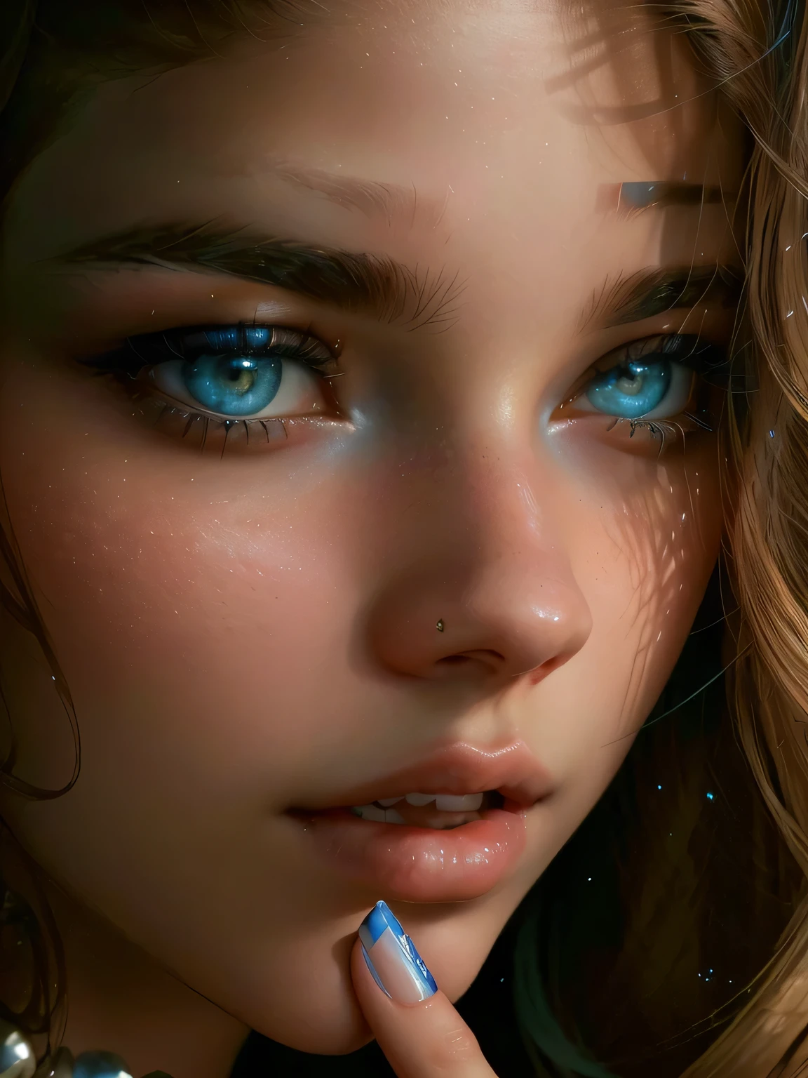 Arafed woman with long blue nails and a necklace posing for a photo., close-up perfect face, portrait of Barbara Palvin, close your face, Portrait Sophie Mudd, awesome face, beautiful face, detailed perfect face, extremely beautiful face, awesome face, perfect face ), Barbara Palvin, perfect face and eyes, Closeup of face, Cara sexy, beautiful model