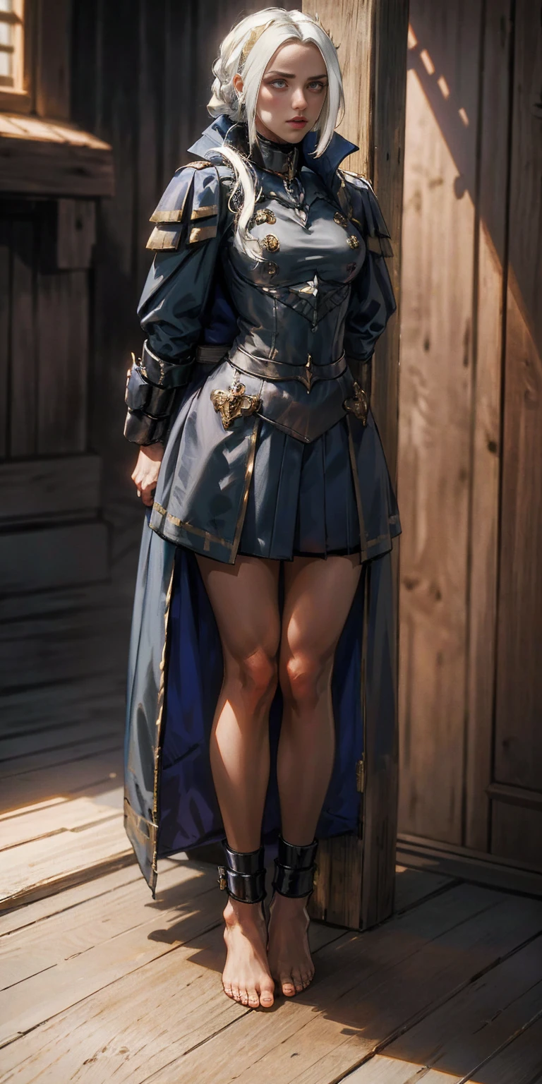 (masterpiece, best quality), intricate details, 1girl, Princess Edelgard von Hresvelg, (standing full body toe to head by wooden pole:1.2), iron collar, arms behind back, iron cuffs, shackles, bound, cleave gag