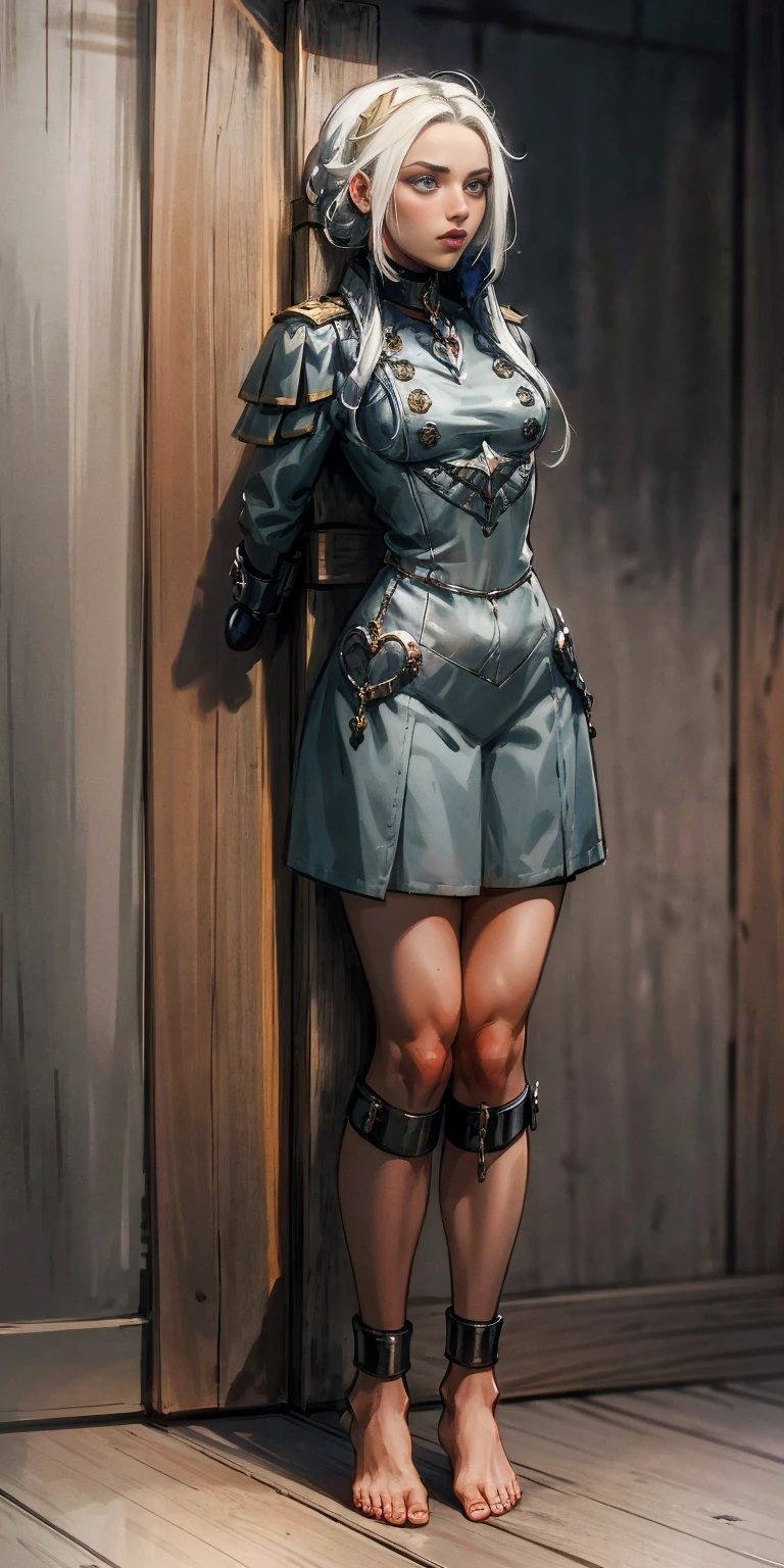 (masterpiece, best quality), intricate details, 1girl, Princess Edelgard von Hresvelg, (standing full body toe to head by wooden pole:1.2), iron collar, arms behind back, iron cuffs, shackles, bound, cleave gag