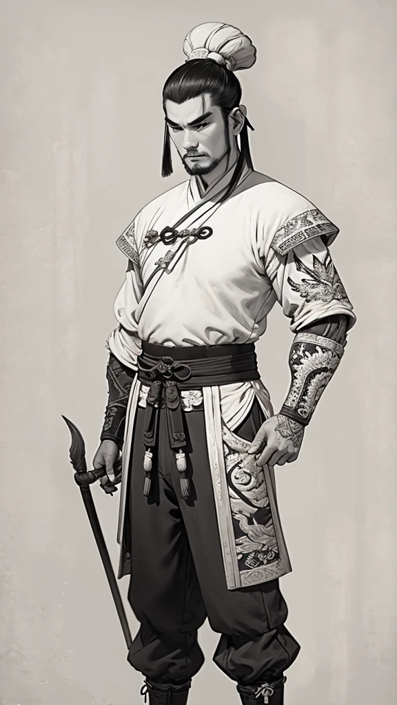 (((Monochrome)))、(((Ink Painting)))、((ancient China、A handsome man with a bun and a white swimming cap))、Grab the belt around your waist、Line art、Oriental、Ultra-high resolution、Game Poster、Crisp and beautiful image quality、whole body ,(((ancient China鉄鎧, Iron dragon head on shoulder, (ancient China鎧 with intricate pattern:1.2))), gloves, Long trousers, (Very detailed, bloom:1.5), (Highest quality, Concept Art, 4K), (analog:1.2), (high sharpness), (Detailed pupil:1.1), Detailed face and eyes, masterpiece, Highest quality,8k, (Black Hair, Dynamic Short Hair), (PurerosFace_v1:0.2), [:(Detailed face:1.2):0.2], sharp, Realistic Shadows, 