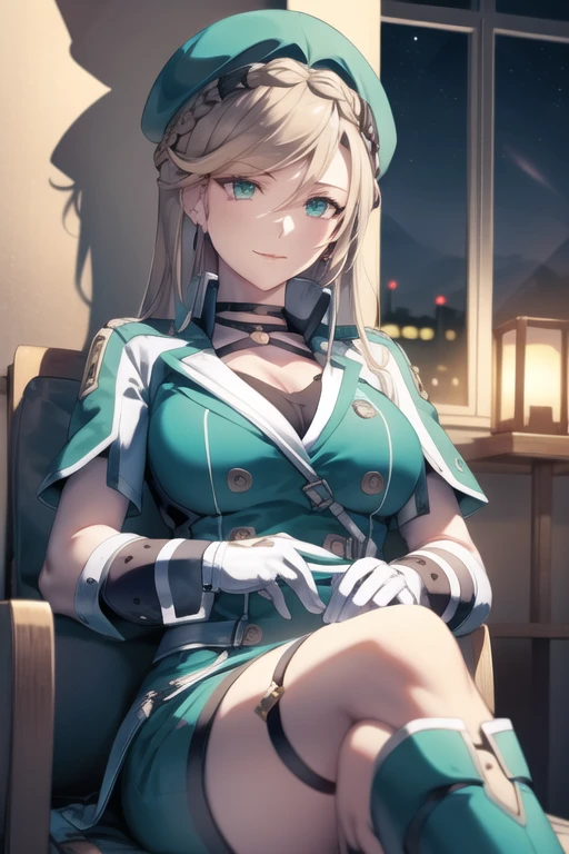 sitting, crossed legs, view from below, Elaine Auclair, long hair, 1girl, braid, crown braid, jewelry, earrings, gloves, big breasts, jacket, choker, thighhighs, hair between eyes, cleavage, shorts, thigh boots, night time, shadow, green beret, green hat, smile