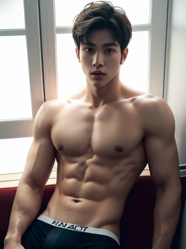 A boy wears underwear to increase his sexiness., Handsome guy, handsome man, Take the whole body, photography, men&#39;s underwear, , Portrait, Look at the camera, Detailed parts of the face, Manly, charming,  happy expression, perfect anatomy, Symmetrical body, เ boy 18years old,  Highly detailed, beach