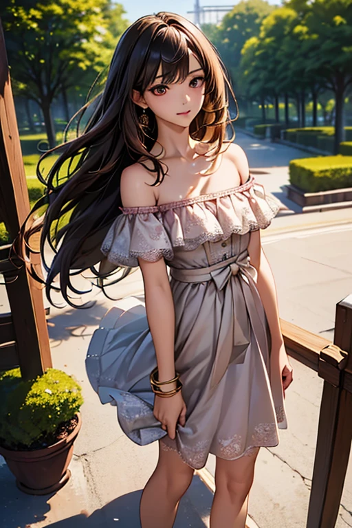((Highest quality)),(超High resolution),(Very detailed),(Detailed Description),((The best CG)),(masterpiece),Ultra-detailed art、(Highest quality、8k、32K、masterpiece)、(Realistic)、(Realistic:1.2)、(High resolution)、Very detailed、Very beautiful face and eyes、1 female、((:1.3))、Tight waist、Delicate body、(Highest quality、Attention to detail、Rich skin detail)、(Highest quality、8k、Oil paints:1.2)、Very detailed、(Realistic、Realistic:1.37)、Bright colors、Japanese woman in her mid-20s。With long hair、Black straight hair。Large, wide eyes、Thin and well-trimmed eyebrows、High nose、Small, well-shaped mouth、Light Skin Tone。With a soft smile。((pink off shoulder tops:1.6、Wearing a white lace skirt、Wearing a gold bracelet。Wearing beige high heels。In the background is a park with seasonal flowers in bloom.、Standing facing forward under a clear daytime sky。From above