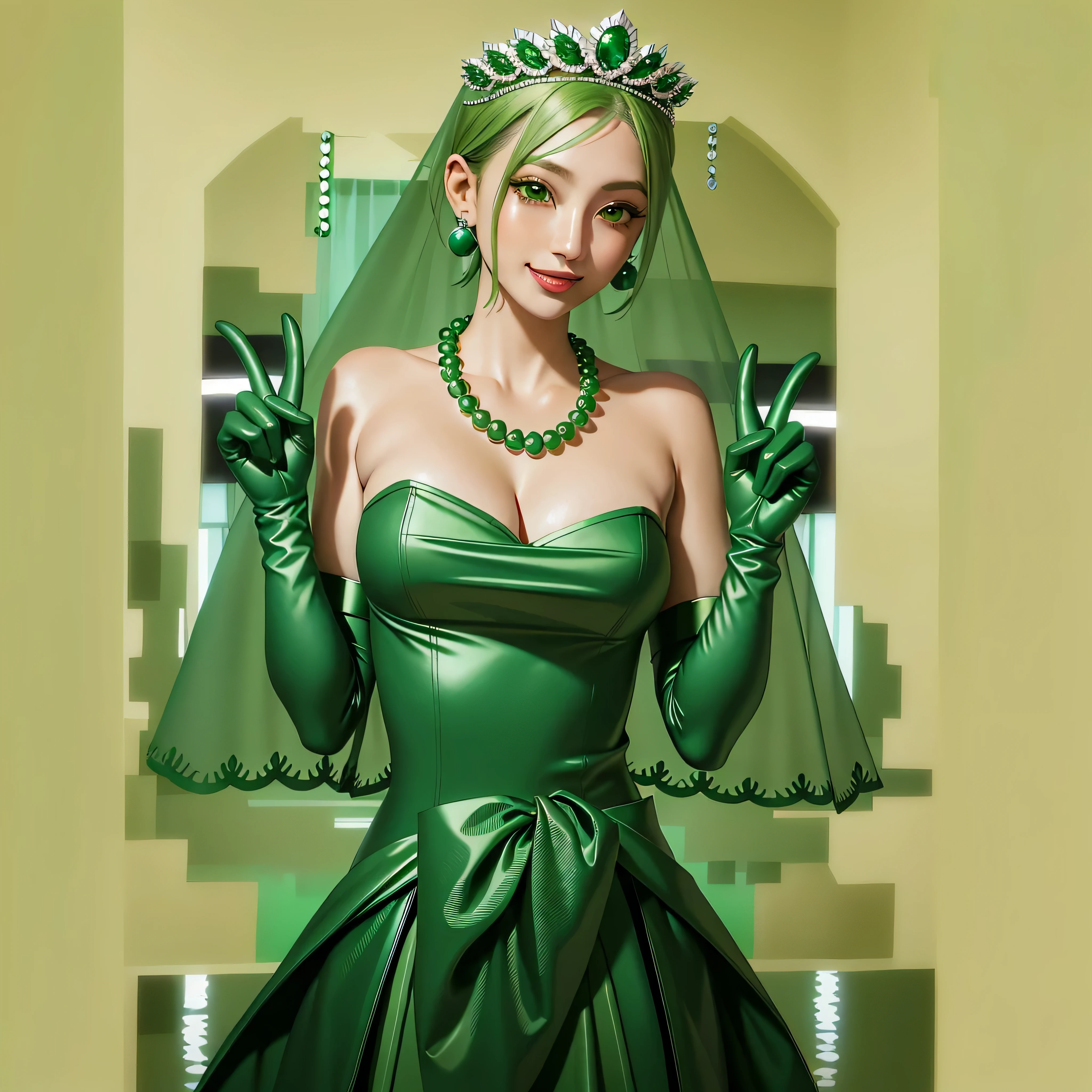 Emerald tiara, Green Pearl Necklace, Boyish very short green hair, Green Lips, Smiling Japanese woman, Very short hair, Busty beautiful lady, Green Eyes, Green satin long gloves, Green Eyes, Emerald Earrings, Green veil, All, Green Hair, Beautiful Japanese Woman, green lip gloss