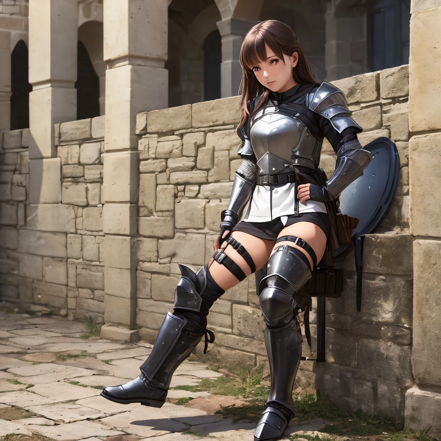 1 girl, full body, Tactical knight, light armor, tactical equipment, tactical straps, leather equipment, tactical accessories, knight accessories, 1girl, medieval background, tactical armored boots, light protection, inside the castle
