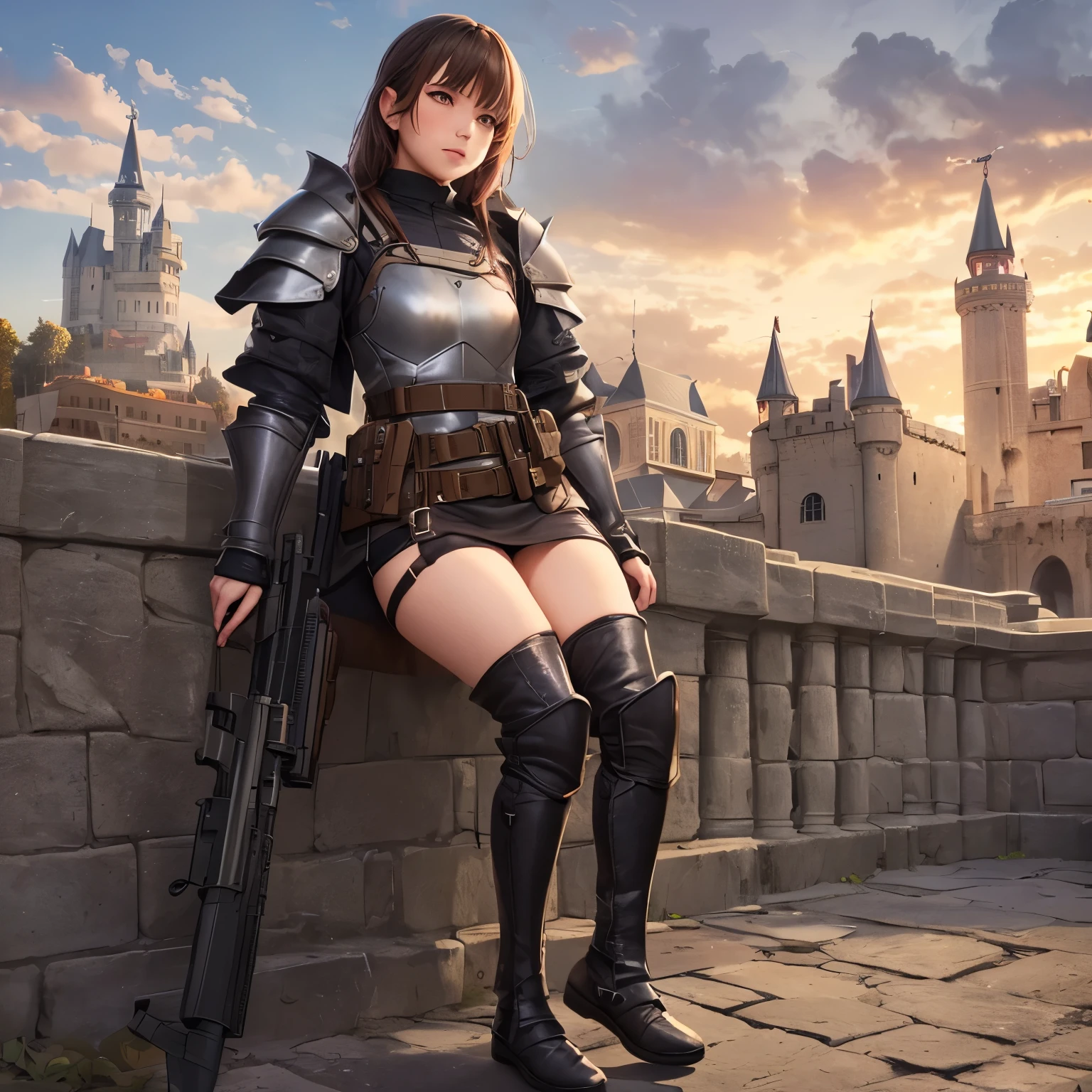 1 girl, full body, Tactical knight, light armor, tactical equipment, tactical straps, leather equipment, tactical accessories, knight accessories, 1girl, medieval background, tactical armored boots, light protection, inside the castle