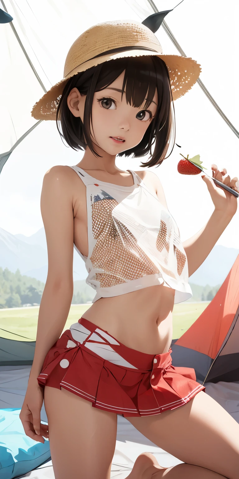 Wear a camping hat、( 8 years o、Butt Emphasis、She spreads her legs to reveal her white polka dot panties、、See through、Turn to me、Realistic、(8 year old girl w bob hair)、Close-up from the ground、(Summer camp in the mountains)、(In the tent)Butt Emphasis、White and tan checked shorts、Tight Berry Short Mini Skirt