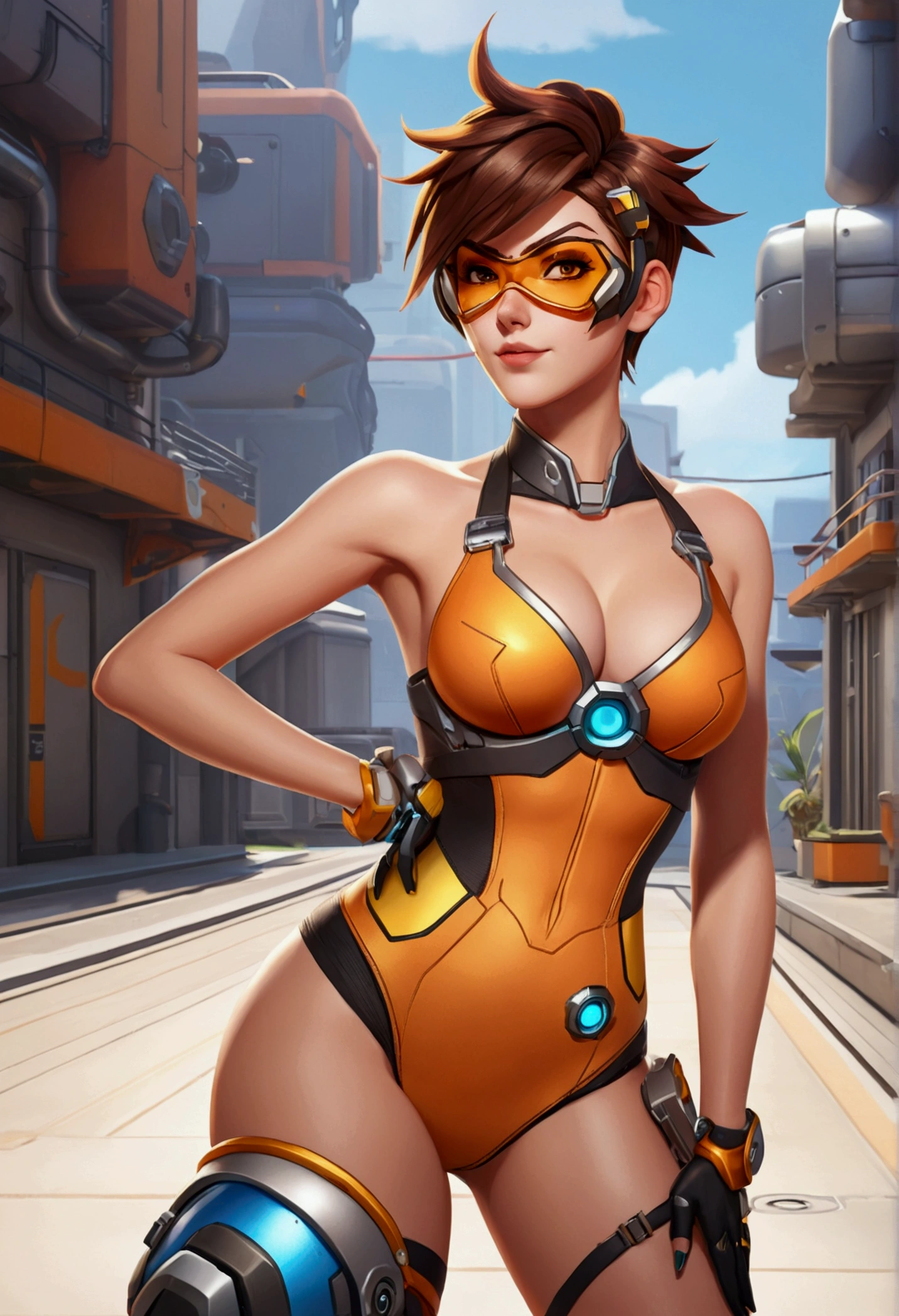 a cartoon picture of a woman with a sexy body and a helmet, from overwatch, overwatch tracer in a bikini, lovely brigitte from overwatch, brigitte from overwatch, echo from overwatch, pinup of tracer from overwatch, overwatch inspired, overwatch fanart, as an overwatch character, overwatch style, tracer in a skintight dress, overwatch character, oppai cyberpunk