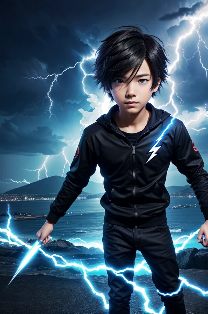 Give me a logo of video editor with Anime boy with background with lightning energy and capcut and after effects logo