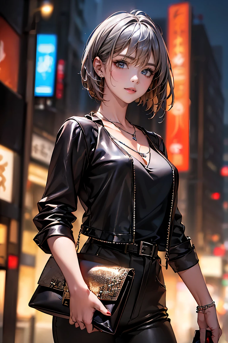 (((Highest quality)),(超High resolution),(Very detailed),(Detailed Description),((The best CG)),(masterpiece),Ultra-detailed art、(Highest quality、8k、32K、masterpiece)、(Realistic)、(Realistic:1.2)、(High resolution)、Very detailed、Very beautiful face and eyes、1 female、((:1.3))、Tight waist、Delicate body、(Highest quality、Attention to detail、Rich skin detail)、(Highest quality、8k、Oil paints:1.2)、Very detailed、(Realistic、Realistic:1.37)、Bright colors、A beautiful woman in her mid-twenties working in Ginza at night。((Asymmetrical pixie cut:1.8、Bangs are long and swept to the side。))。The makeup is natural、Enhances natural beauty。((Black leather jacket and silver sequin camisole。tight black skinny pantultiple thin silver chain necklaces and a studded clutch bag。))。The neon lights of Ginza shine in the background.、It creates the atmosphere of a night town.。The style is realistic、Has a photo-like texture。She has a confident look、Smiling at the camera。