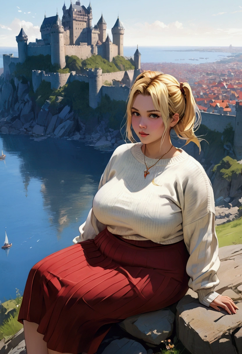 ( keep face), anime: style image of a woman sitting on a rock overlooking a castle, cushart krenz art key women, Artoria Pendragon, guweiz, guweiz style artwork, Krenzcushart, Guweiz and Pixiv Artstation, Guweiz and Artstation Pixiv, keep face), sweater, boob augmentation, very big tits, extremely big tits, huge tits, very fat tits, extremely fat tits, tight fat tits in the sweater, Skirt, butt augmentation, huge butt, fat and round butt, big nipples, voluptuous, sexy, 