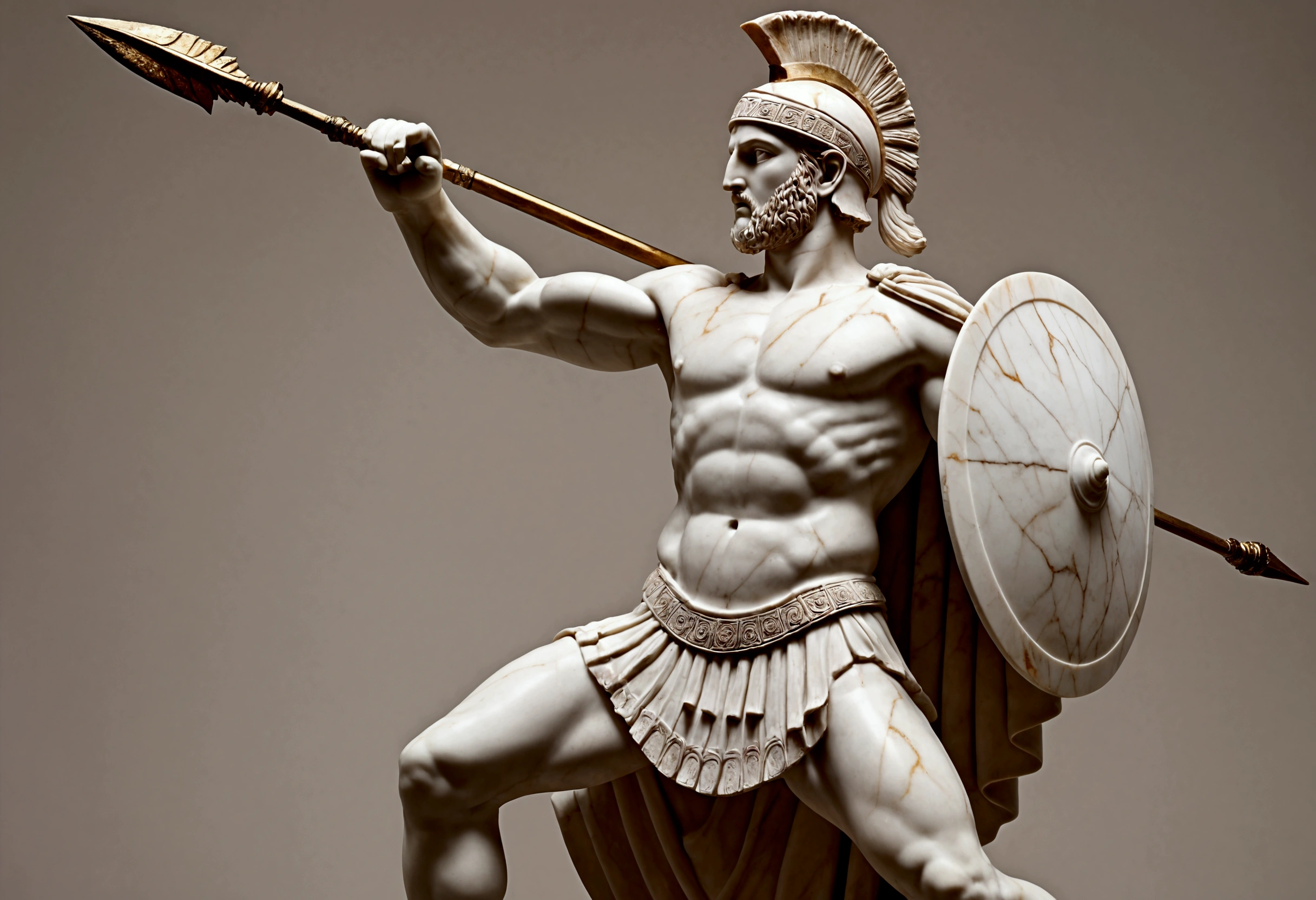 Grecian marble statue, nubile male hoplite warrior wielding his spear, action pose