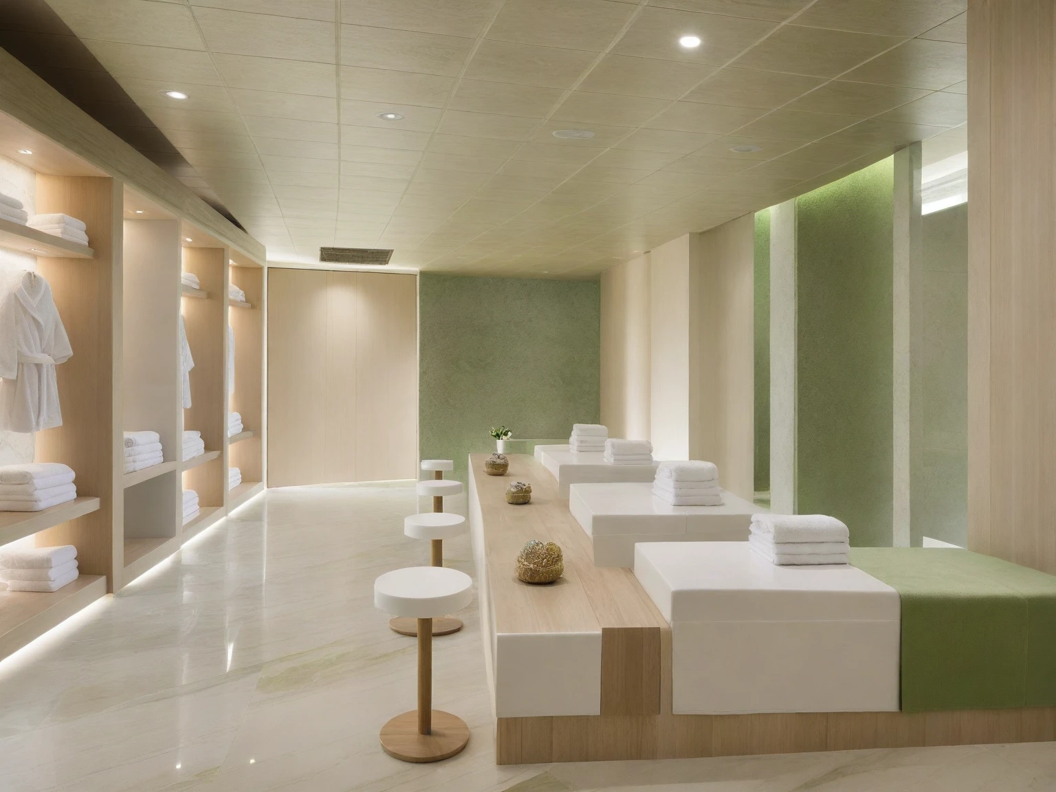 Raw photo,Masterpiece, high quality, best quality, authentic, super detail,
indoors, ( natural oak wooden interior ) , (( SPA AND HEATHY CENTER :1.3)), modern style, daylight, (GREEN TONE : 1.7 ) ,white marble tile floor, white ceiling