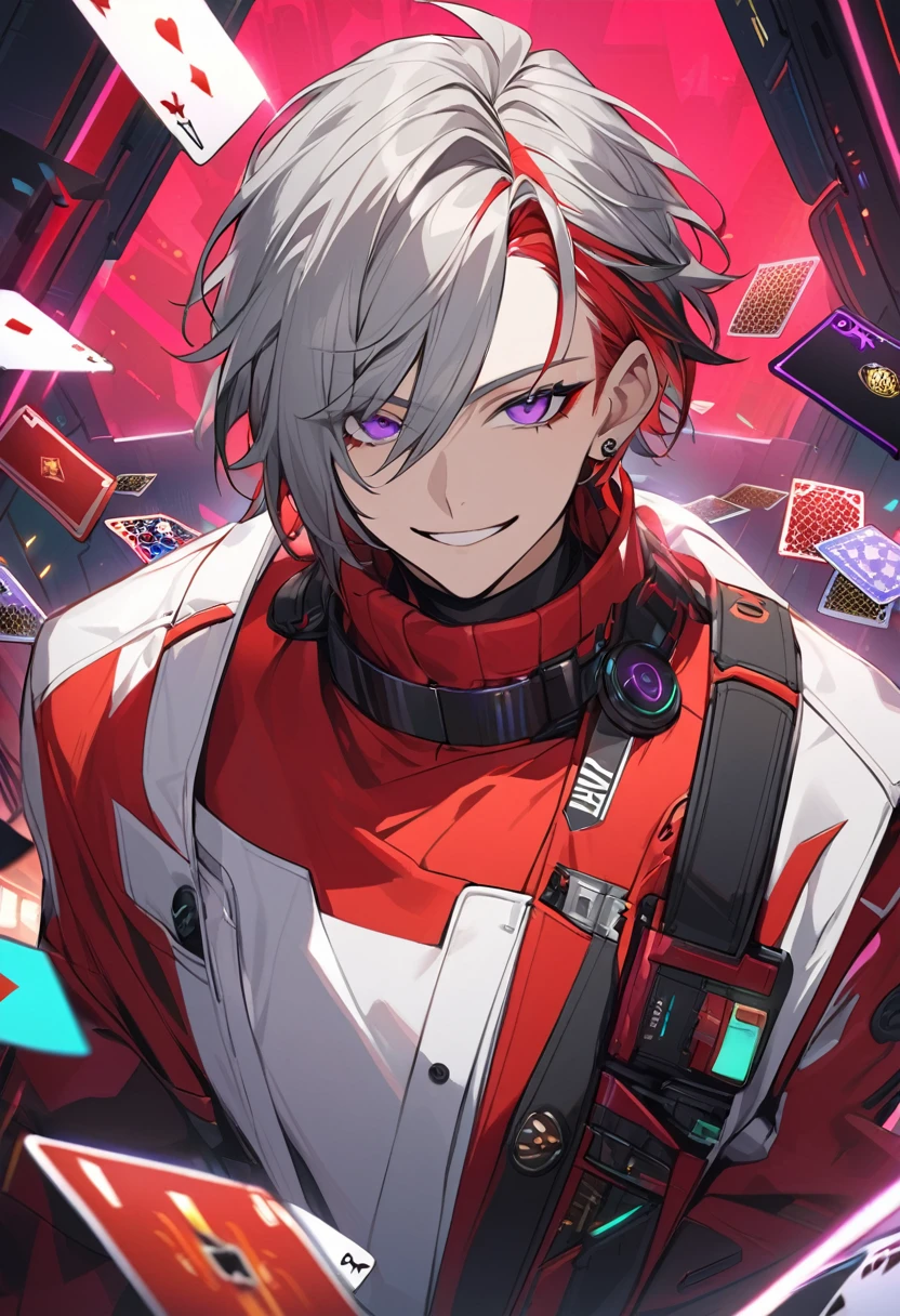 good looking, alone, 1 male, short hair, Gray Hair, Red highlights on hair tips, Purple eyes, White and red clothes, Smile Facial, Futuristic, cyber punk, card, You say, gambler