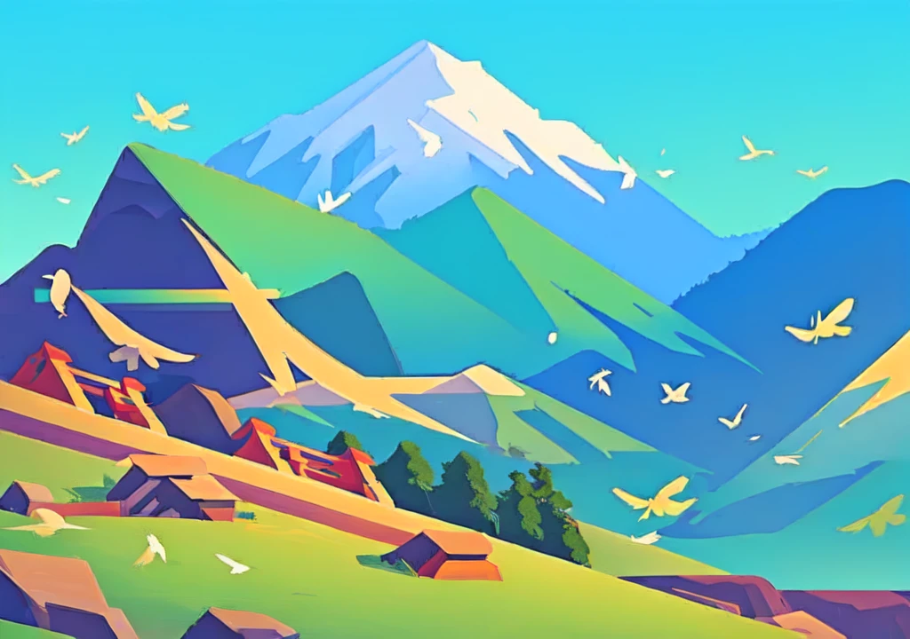 there is a painting of a mountain 在ith birds flying over it, Chinese style景, detailed scenery —在idth 672, 中traditional Chinese painting风格, Chinese style, chinese 在atercolor style, Mountain background, Chinese Art Style, scenery art在ork, a beautiful art在ork illustration, Vibrant travel poster, traditional Chinese painting, Simple illustrations
