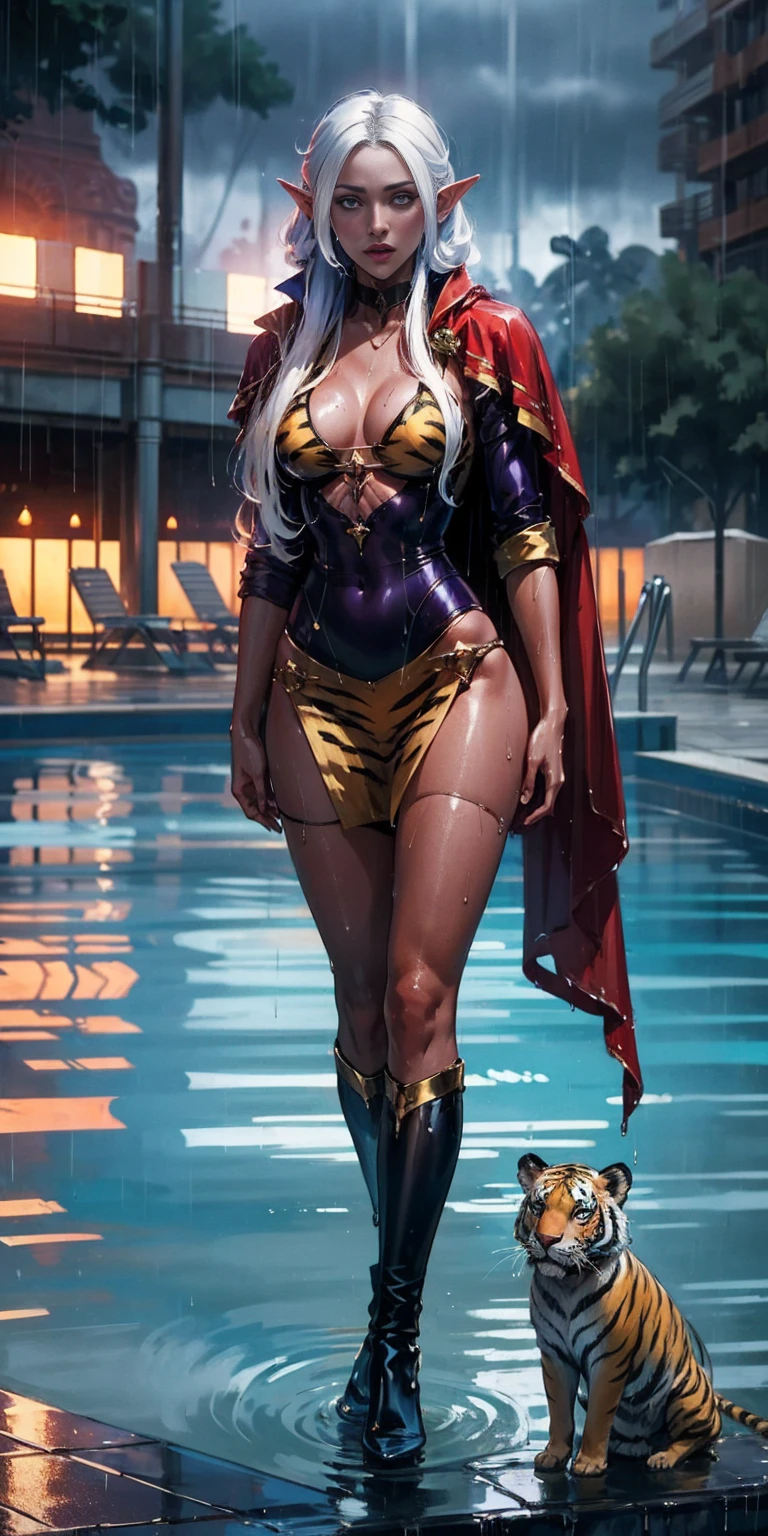 Full body, masterpiece, 1solofemale drow elf purple skin standing pose (yellow tiger bikini) red cape, red bikini, long white hair, strong body, abs, Ultra Quality, shiny skin, Atmospheric, 8K, Cinematic ((Street background)) BREAK, sunglasses (wet rainy, wet by rain, wet body :1.2) ultra-detailed face, detailed lips, detailed eyes, double eyelid, sensual low-necked dress, open neckline, hanging breasts, side pose, visible curves, pool, poolside, red transparent robe, sunglasses, muscular turned leg