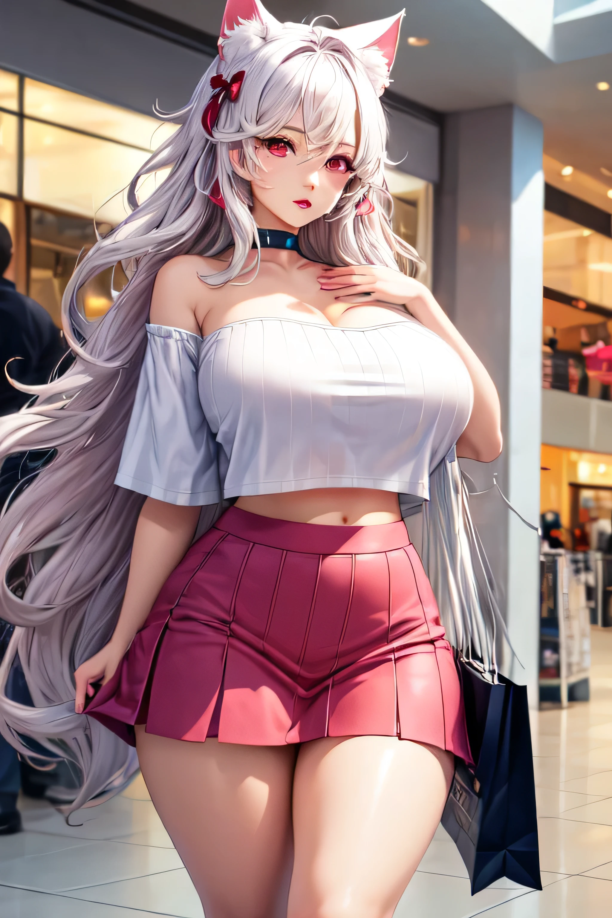 ((exceptional quality)), ((masterpiece)), (detailed), perfect face, perfect eyes, expressive eyes, long white wavy hair, white cat ears, gigantic breasts, thick thighs, bright and vibrant red eyes, lips parted slightly, off the shoulder crop top with heart design on fabric, pink skirt, designer shopping bag in hand, in a shopping mall