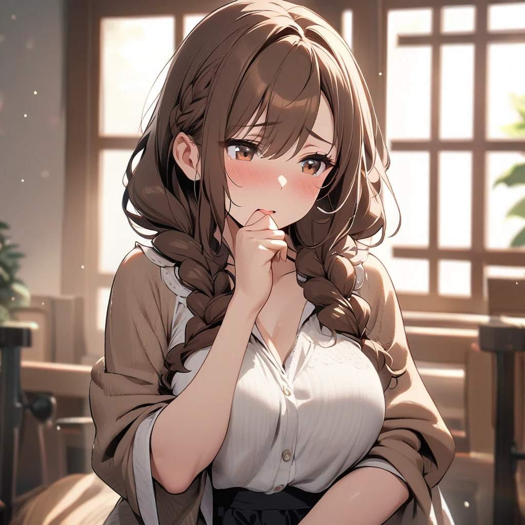 Solo, 1girl, Long Hair, brown hair, brown eyes, cute, mature, high detail, shy, double plait hair