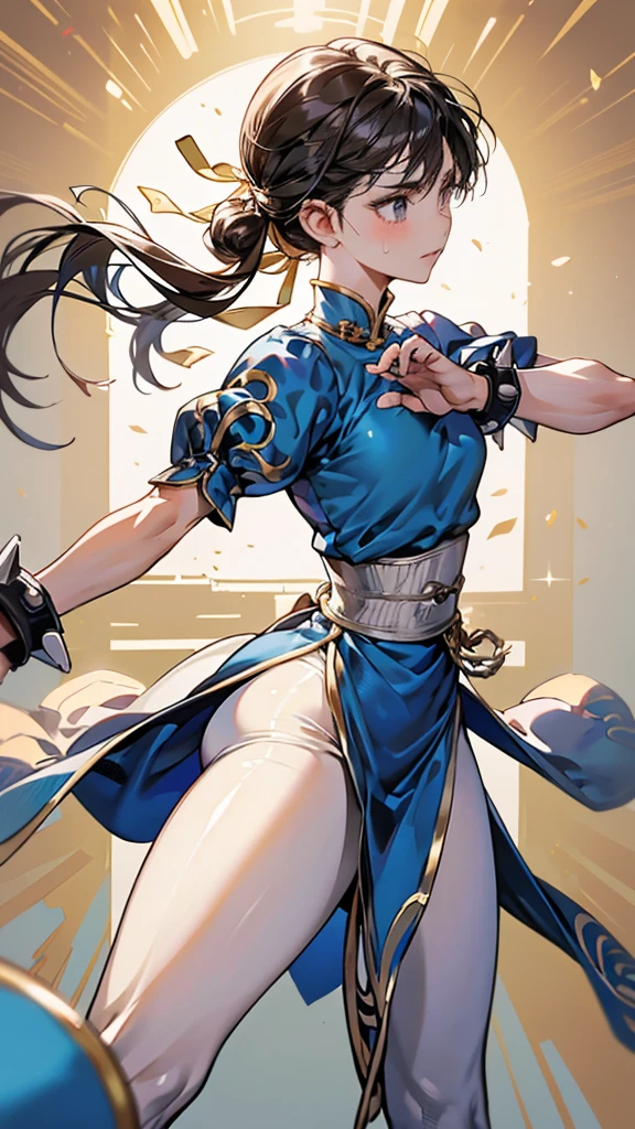{{masterpiece}}, {{{Highest quality}}},{{Very detailed}},sf2 to,Chunli,Combat Stance,from side,Cowboy Shot,Focus on legs｛{{Combat Stanceの成熟した女性}}｝,{{疲労でSweatをかいている成人女性}},Sweat,,Small breasts,{{Blushing}},{{V-shaped eyebrows}},{{Blue clothes}},{{puffy short sleeve}},{{{Blue Chinese dress with gold lines}},{Bunhead}},{},, ,{{spike bracelet}},{{Tied Hair}},,{{Thin legs}},{{White belt}},Brown leggings,Brown tights,Slender body}}{{ blue pelvis curtain}}, boots, sash, {{Brown pantyhose}}, ,,blush,Wrinkles ,amount,Grit your teeth,suffering,v-shaped eyebrows.,Sweat dripping,Medium chest ,get annoyed,Fighting Ring,,Bunhead,Good cover,Fighting Pose,