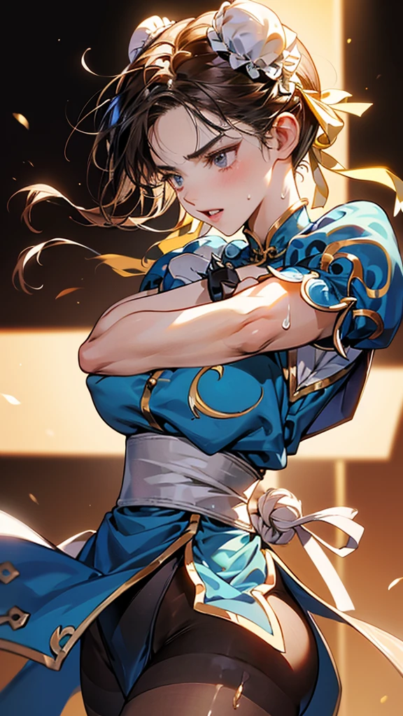 {{masterpiece}}, {{{Highest quality}}},{{Very detailed}},sf2 to,Chunli,Combat Stance,from side,Cowboy Shot,Focus on legs{{{Combat Stanceの成熟した女性}}},{{疲労でSweatをかいている成人女性}},Sweat,,Small breasts,{{Blushing}},{{V-shaped eyebrows}},{{Blue clothes}},{{puffy short sleeve}},{{{Blue Chinese dress with gold lines}},{Bunhead}},{},, ,{{spike bracelet}},{{Tied Hair}},,{{Thin legs}},{{White belt}},Brown leggings,Brown tights,Slender body}}{{ blue pelvis curtain}}, boots, sash, {{Brown pantyhose}}, ,,blush,Wrinkles ,amount,Grit your teeth,suffering,v-shaped eyebrows.,Sweat dripping,Medium chest ,get annoyed,Fighting Ring,,Bunhead,Good cover,Fighting Pose,