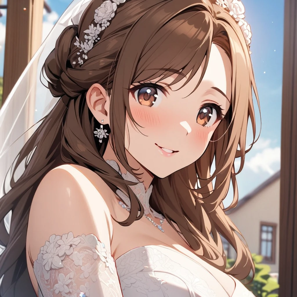 Solo, 1girl, Long Hair, brown hair, brown eyes, cute, mature, high detail, wedding dress, double plait hair