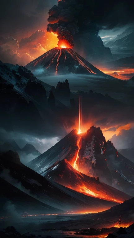 a volcanic eruption, erupting volcano, lava flowing, fiery landscape, dramatic sky, ominous clouds, dramatic lighting, intense colors, detailed textures, molten rock, exploding magma, billowing smoke, rugged terrain, rocky cliffs, vivid orange and red hues, dynamic composition, cinematic atmosphere, (best quality, 8k, highres, masterpiece:1.2), ultra-detailed, (realistic, photorealistic:1.37), cinematic lighting, volumetric fog, chiaroscuro, moody, dramatic