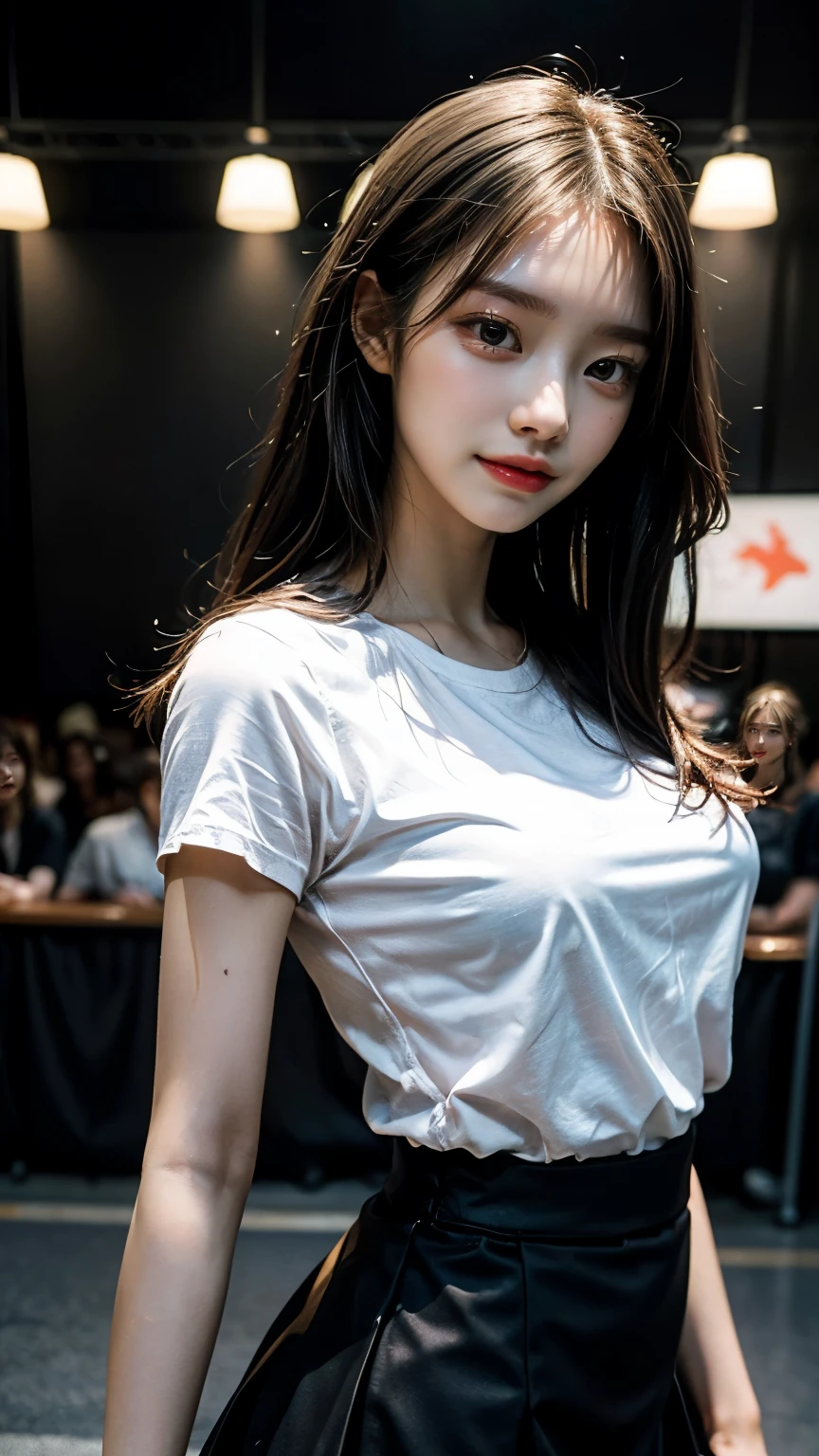Masterpiece, Highest quality: 1.2), Surreal high school girl, alone, 1 woman, (Shiny skin), pink underwear, smile a little, looking at the audience, , white shirt, black skirt, thigh, Real photo style,