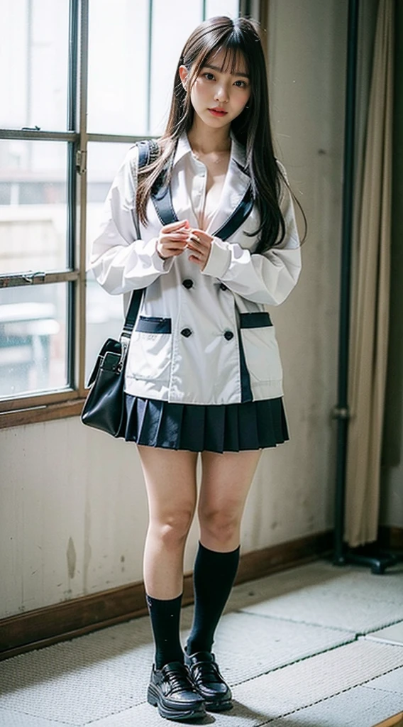 LAHO Beauty。Very sexy、Office lady with strong sexual desire。24-year-old OL、The beauty of a suit、A cool beauty with huge breasts that spill out of her undershirt、career woman、The Beauty of Japan、The button on my chest is about to come off、Urzan-6500-v1.1、(RAW Photos:1.2)、(Realistic)、(Genuine:1.4)、(Peace Fly)、A calm woman wearing a checked vest、Large bust body type。Miniskirt with exposed thighs、legs are plump。(Ultra-realistic black Nike logo socks:Panty visible pose、There is a stain on the panties:1.2）。Japanese Goddess、Wearing black high heelsてる、Sexy look with black socks、((Full Body Shot:1.16))、The knee-length socks with the Nike logo are eye-catching.。Nike logo on socks。Wearing black high heels