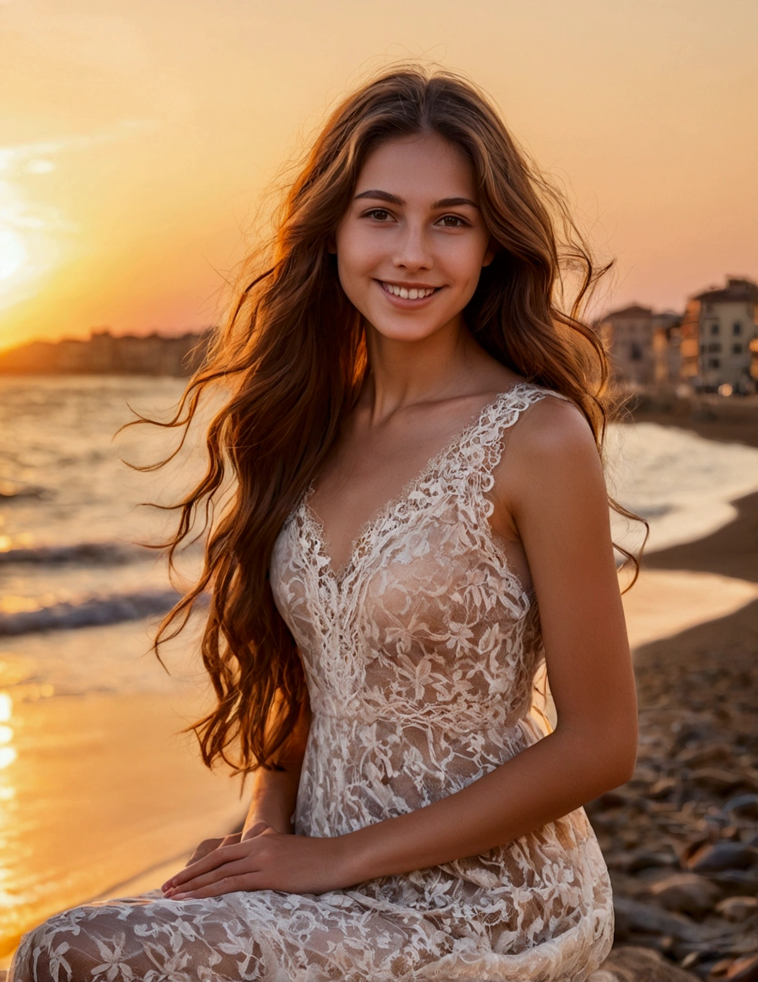 Slender girl with long brown hair, wearing in lace dress on the seashore facing the camera behind the sunset,cematic portrait that captures the essence of a perfect evening in Florence. The woman's youthful smile and gentle glow,Instagram pose, dynamic pose,sitting