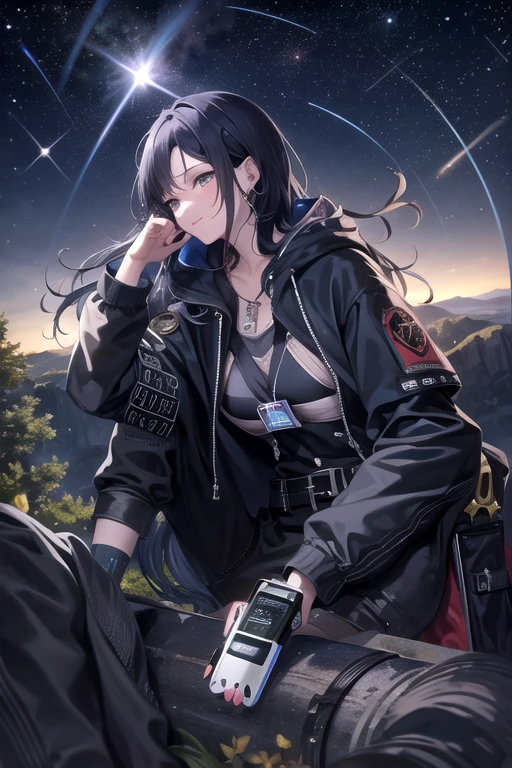 (Astronomical observation)、((Highest quality))、((masterpiece))、(detailed)、((Anatomically correct))、(High resolution、8k)、(Beautiful Skin:1.1)、One woman、(Beautiful eyes:1.2)、smile、whole body、Cleavage、Star of the sky、milky way、Dynamic composition、Looking up at the night sky、hoodie、Denim hot pants、Black Hair、long hair、On top of the mountain、sitting on a rock、7Head to Body、Illuminated by the starlight