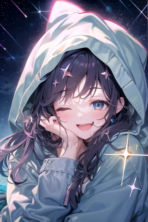 (Astronomical observation)、((Highest quality))、((masterpiece))、(detailed)、((Anatomically correct))、(High resolution、8k)、(Beautiful Skin:1.1)、One woman、(Beautiful eyes:1.2)、smile、whole body、Cleavage、Star of the sky、milky way、Dynamic composition、Looking up at the night sky、hoodie、Denim hot pants、Black Hair、long hair、On top of the mountain、sitting on a rock、7Head to Body、Illuminated by the starlight