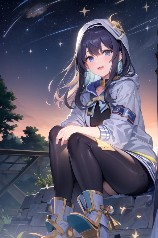 (Astronomical observation)、((Highest quality))、((masterpiece))、(detailed)、((Anatomically correct))、(High resolution、8k)、(Beautiful Skin:1.1)、One woman、(Beautiful eyes:1.2)、smile、whole body、Cleavage、Star of the sky、milky way、Dynamic composition、Looking up at the night sky、hoodie、Denim hot pants、Black Hair、long hair、On top of the mountain、sitting on a rock、7Head to Body、Illuminated by the starlight